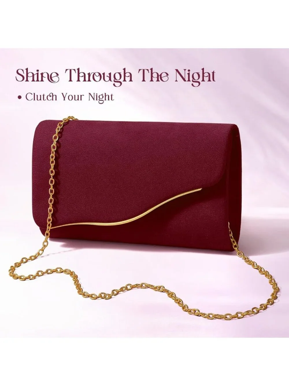 Women's Burgundy Formal Clutch Purse With Detachable Chain Strap Evening Bag